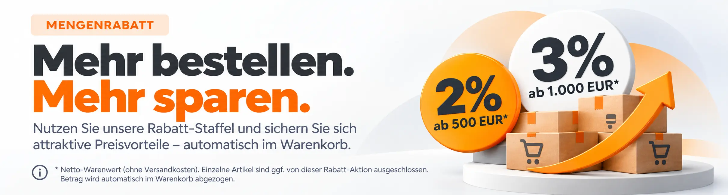 Mengenrabatt: 2 Prozent Rabatt ab 500 EUR und 3 Prozent ab 1.000 EUR
