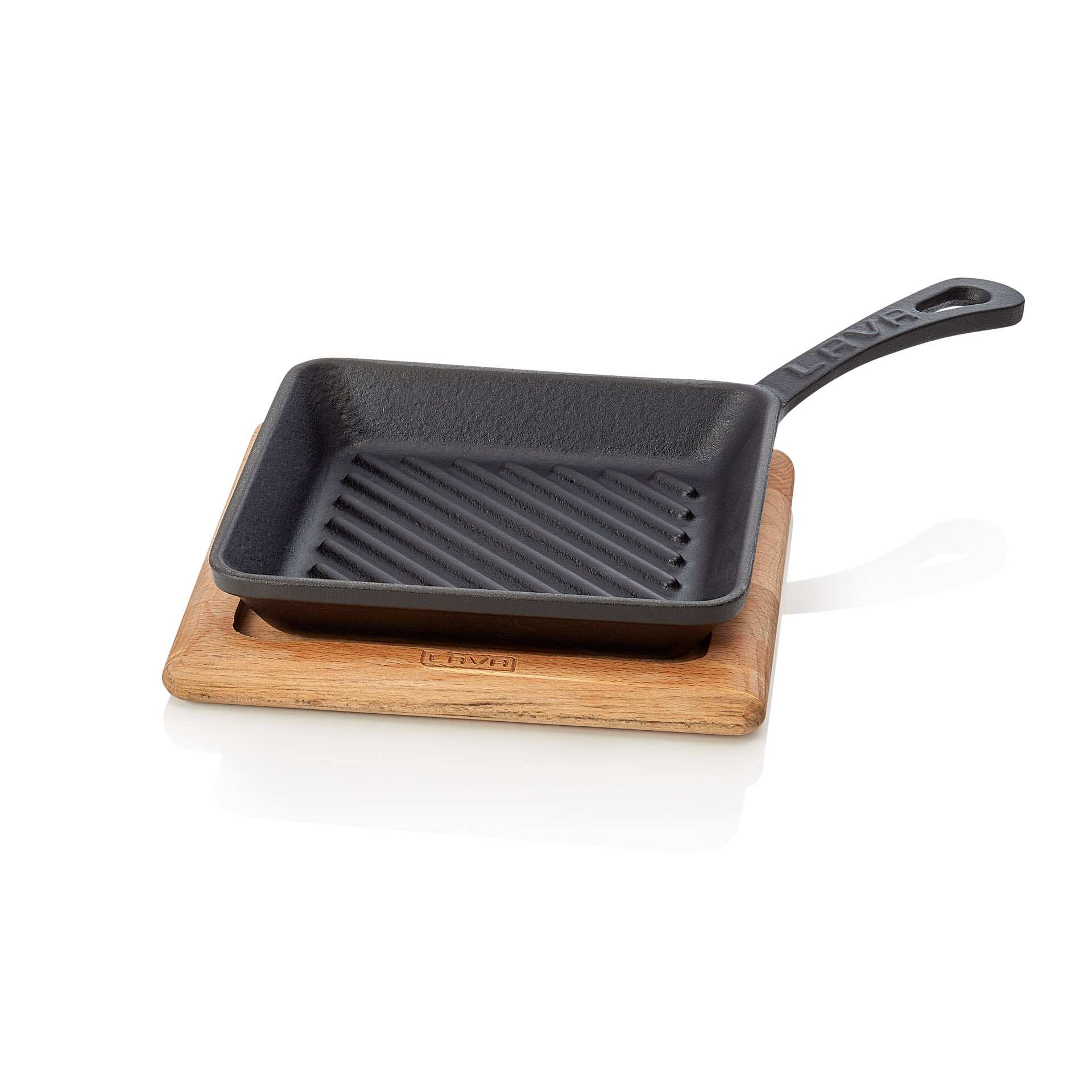 Grill-/Servierpfanne - mit Holzuntersetzer und angegossenen Stielgriff - Serie Lava - quadratisch - Abm. 16 x 16 x 3 cm - 365503016-A