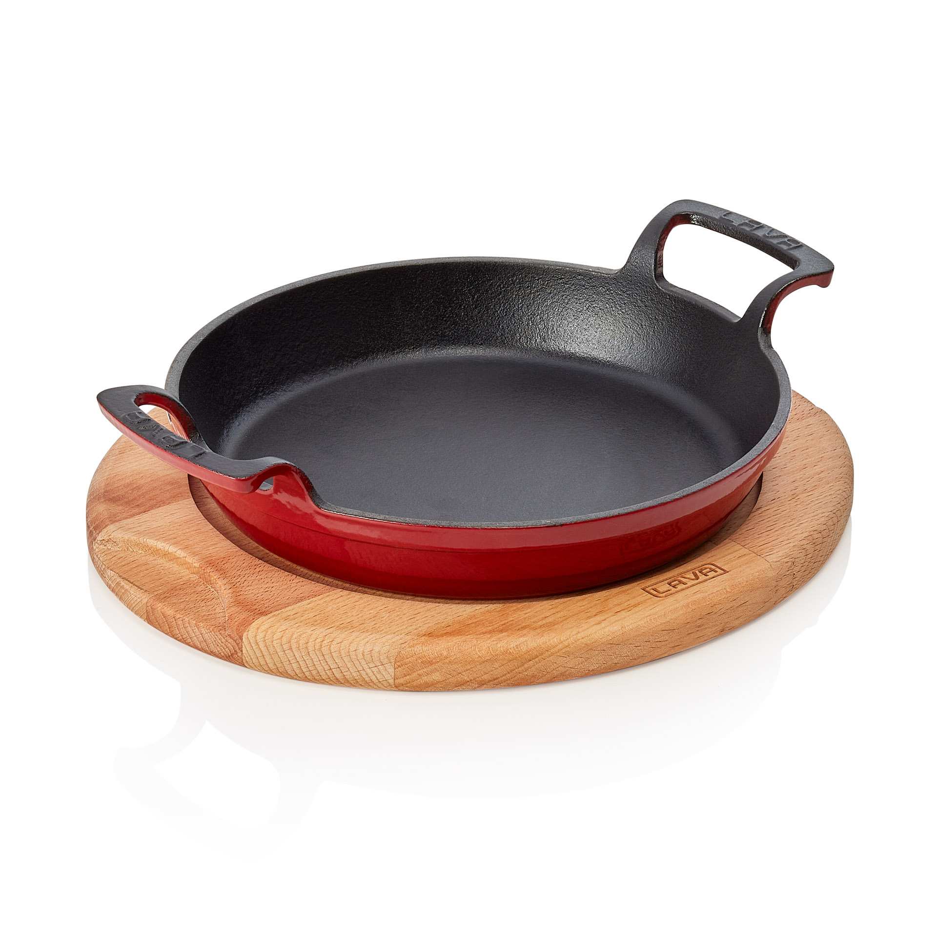 Brat-/Servierpfanne - mit Holzuntersetzer und angegossenen Seitengriffen - Serie Lava - rund - Höhe 3,5 cm - Ø 20,0 cm - 365903020-A