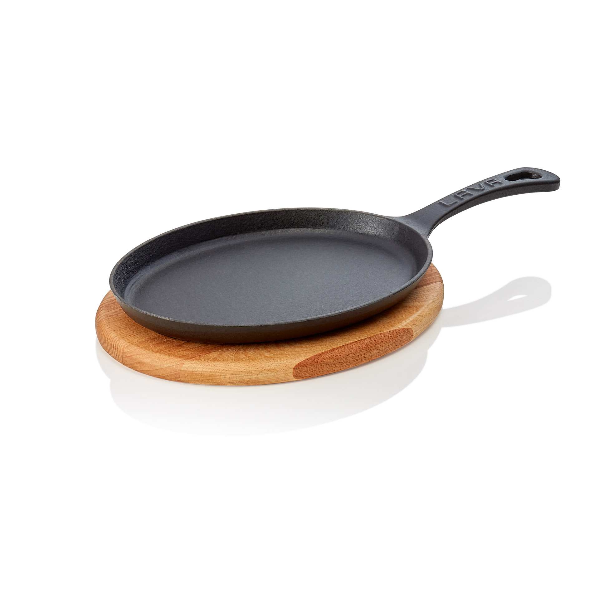 Brat-/Servierplatte - mit Holzuntersetzer und angegossenem Stielgriff - Serie Lava - oval - Höhe 3,5 cm - 366203023-A