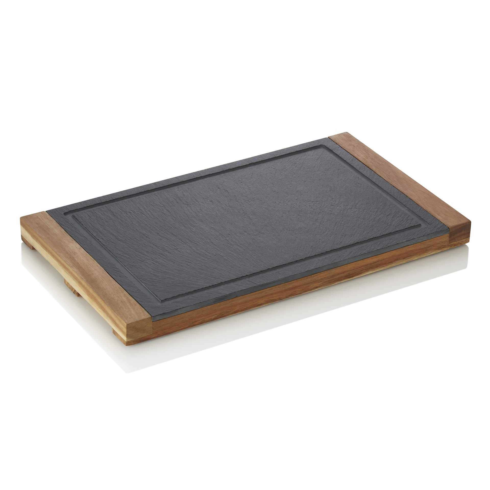 Servierbrett - mit Griffmulden und Saftrille - Serie Slate & Serve - Naturschiefer / Akazienholz