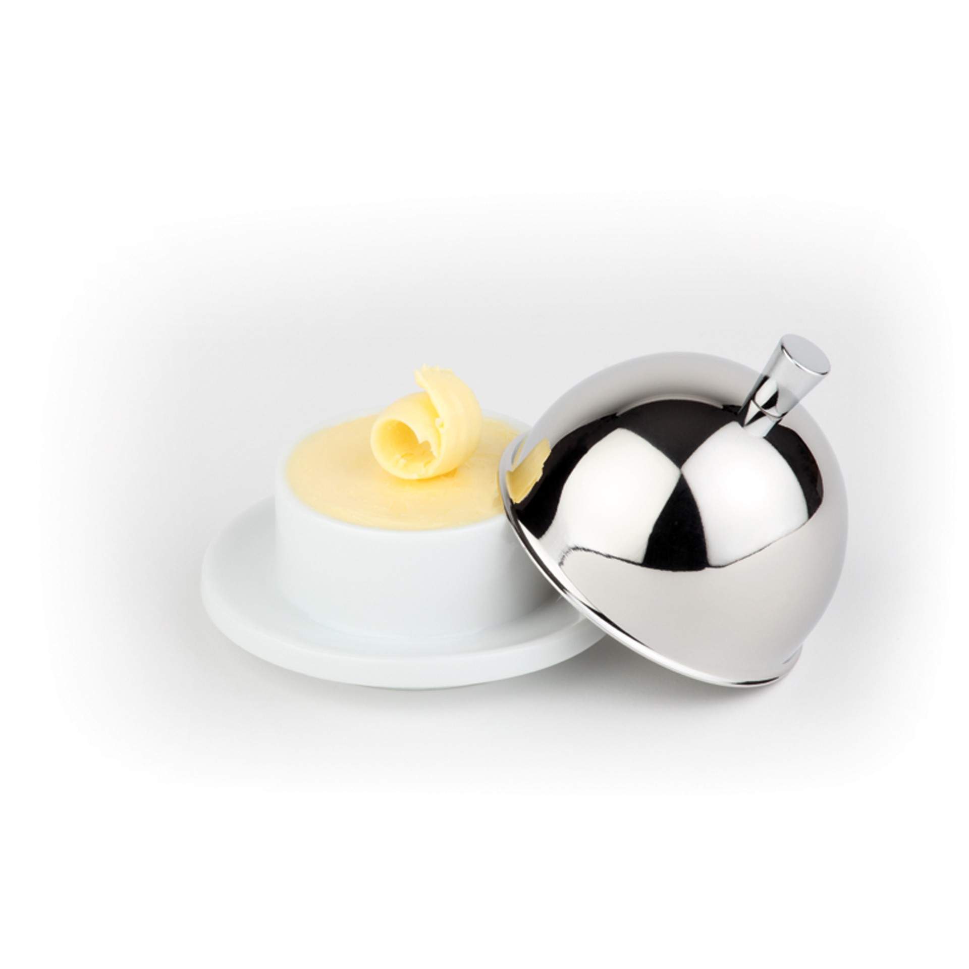 Butterservierer - hochglanzpoliert - rund - Abm. 7,0 cm - Ø 9,0 cm - Porzellan / Edelstahl - 15921-B