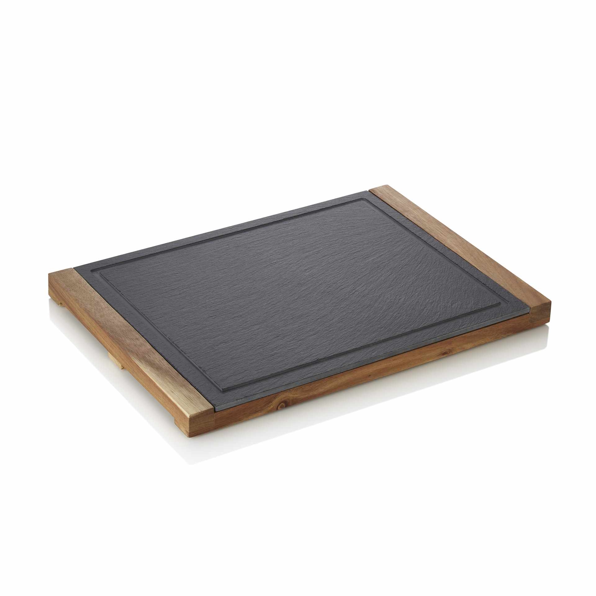 Servierbrett - mit Griffmulden und Saftrille - Serie Slate & Serve - Naturschiefer / Akazienholz