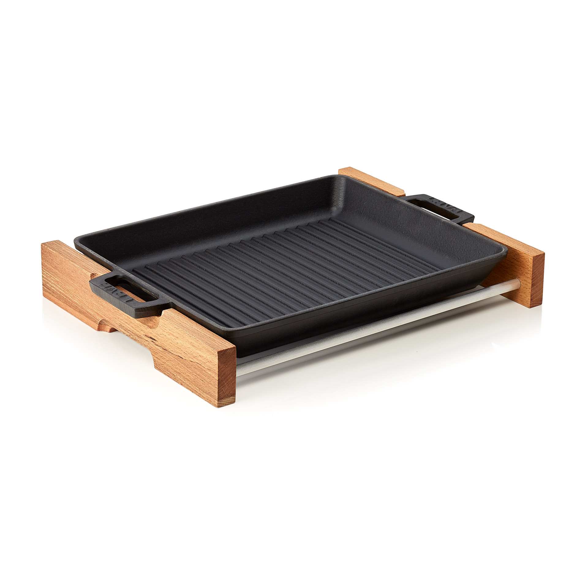 Grill-/Servierpfanne - mit Holzgestell und angegossenen Seitengriffen - Serie Lava - rechteckig - Abm. 32 x 26 x 4 cm - 360403032-A