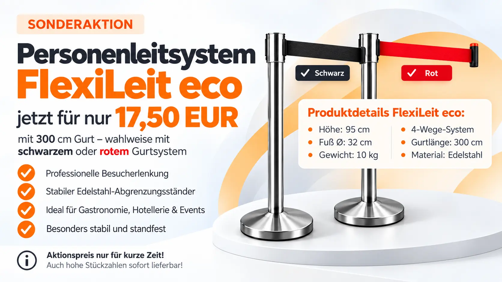 Sonderaktion für das Personenleitsystem FlexiLeit eco mit schwarzem oder rotem Gurt zum Aktionspreis von 17,50 EUR