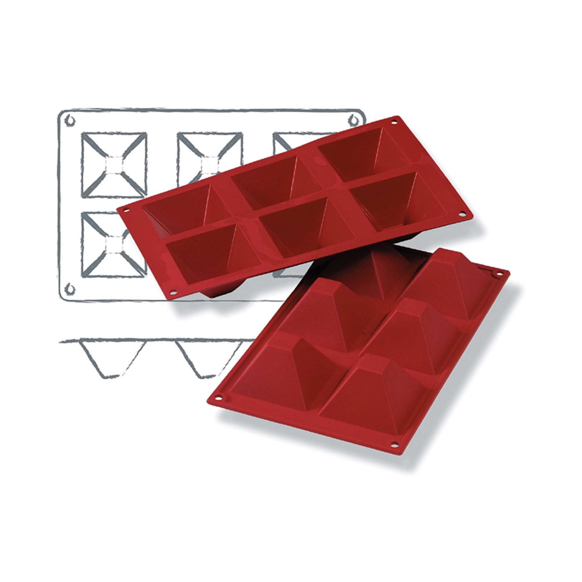 Backformen - Pyramide - Abm. 29,5 x 17,5 x 4,2 cm - Inhalt 6 x 0,09 l - GN 1/3 (325 x 176 mm) - Silikon - 115028-C
